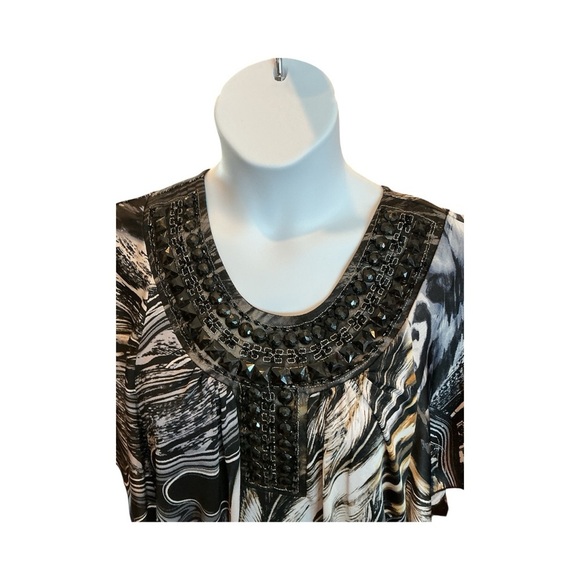 Cocomo Beaded Scoop Neck Batwing Top | Black Silver Marble Print | Size L - Picture 2 of 7
